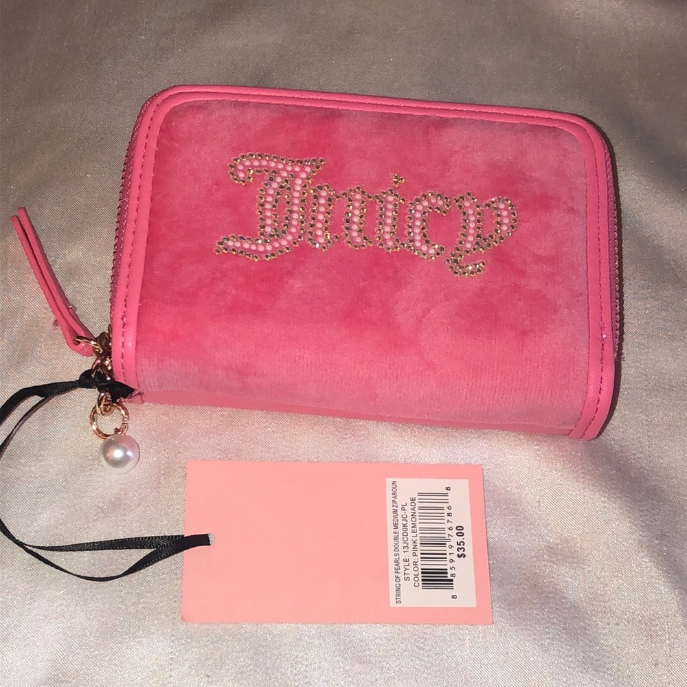 Juicy Couture Pink Lemonade String Of Pearls Double Medium Zip Around Wallet NWT